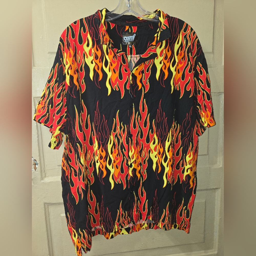 Fresh Prints Of Bel-Air By Drill Clothing Co. Flames Print Button Front Shirt